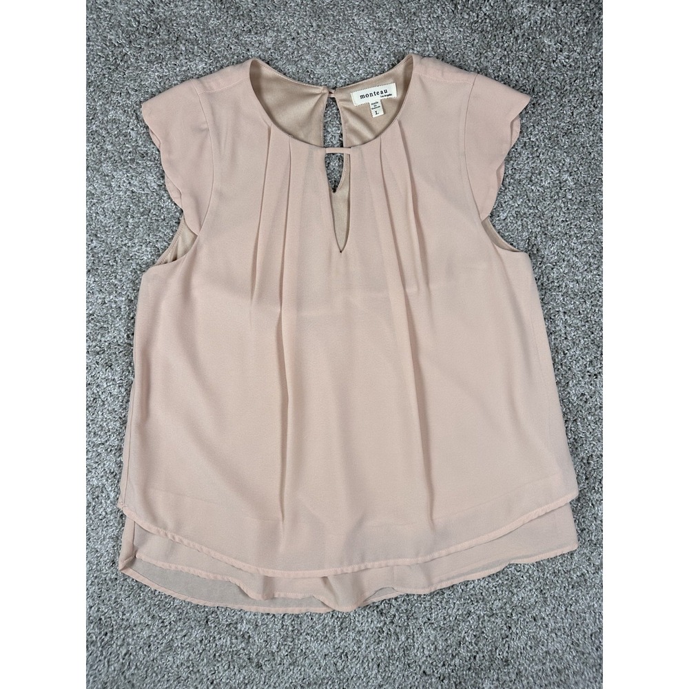 Monteau Dusty Rose Sheer 2 Layer Blouse Size L Cut Out Dressy Career Holidays‎